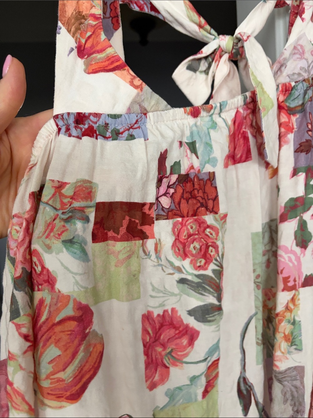 Anthropologie Cream Patchwork Floral Maxi Dress with Pink, Red & Green Accents - Picture 3 of 4